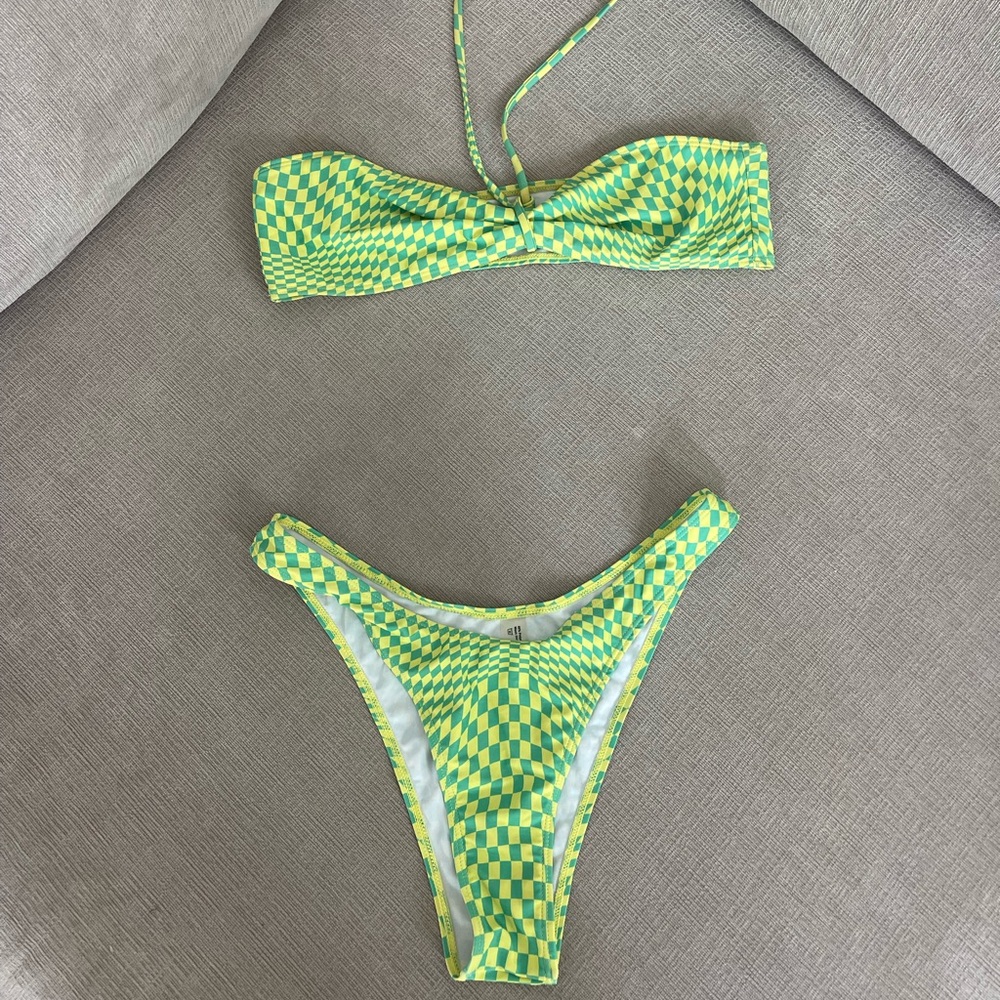 SHEIN Green and Yellow Checkerboard Bandeau Bikini Set